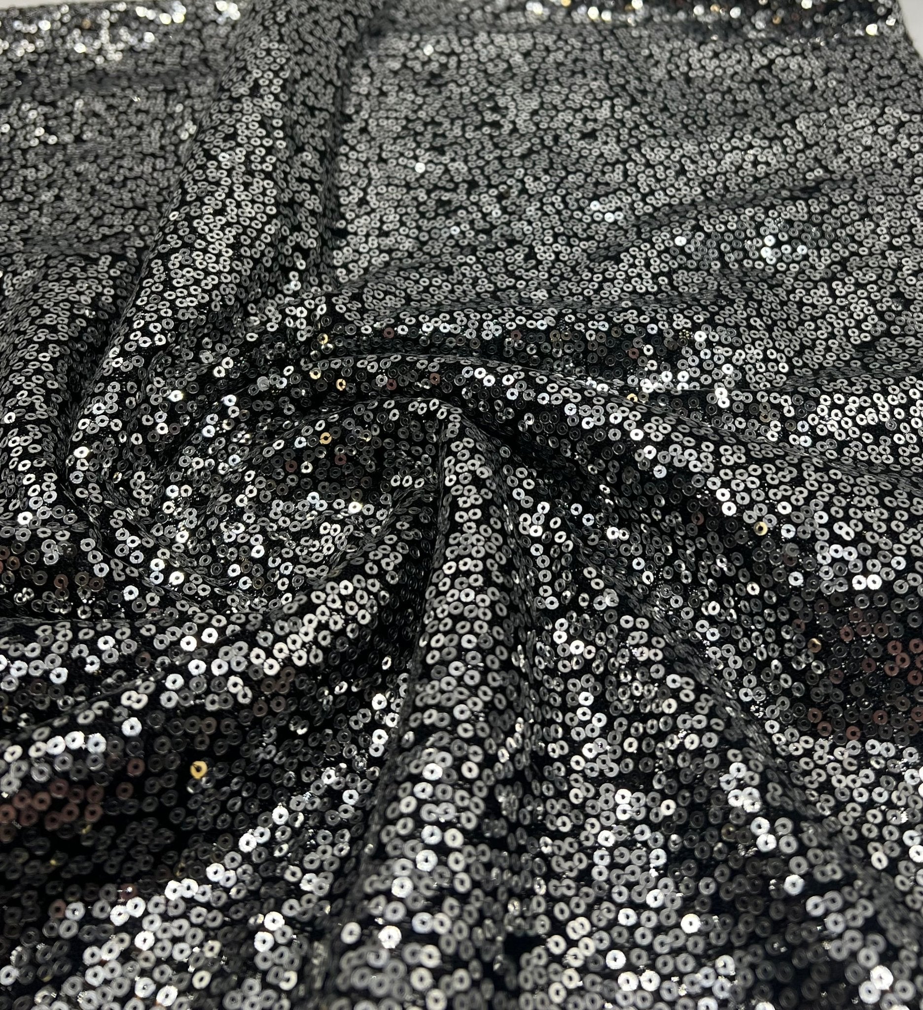 Silver On Black Sequin Detail Non Stretch Fabric - T9 Fabrics